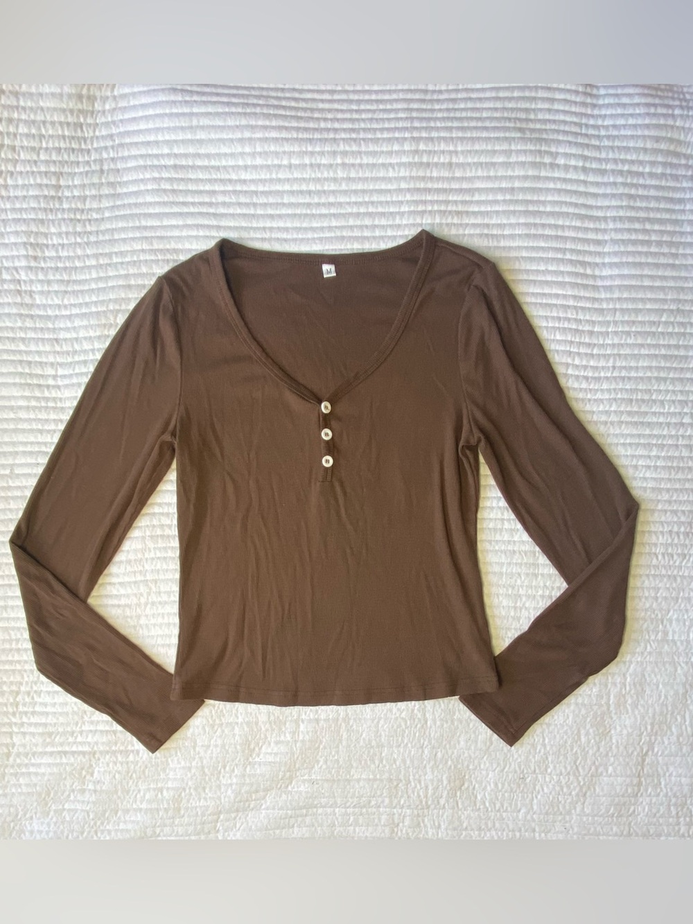 Classic Brown Long-Sleeve V-Neck Henley Top